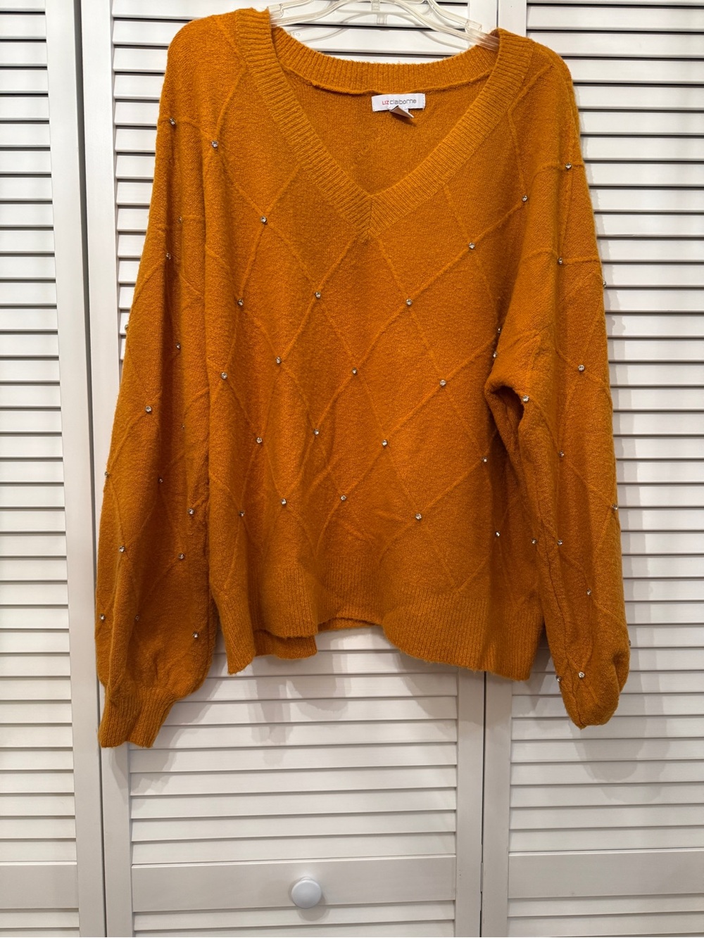 Liz Claiborne Orange V-Neck Beaded Diamond Knit Sweater